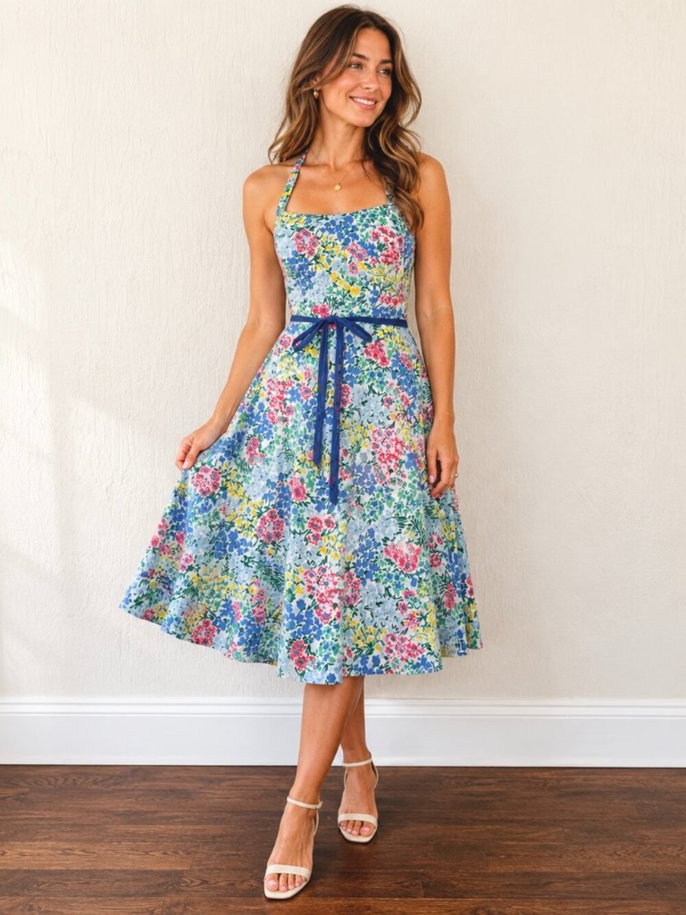 Vintage 1960s Retro Preppy Floral Sun Dress Open Back by Lanz Originals